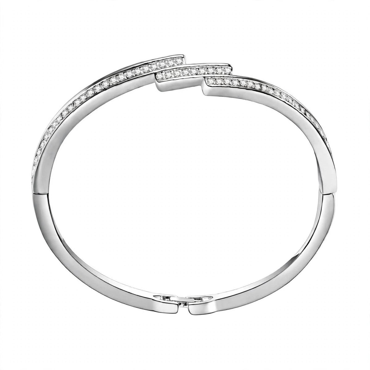 18K White Gold Diamond Staggered Bypass Bangle Bracelet — Brilliant Pavé Contemporary Hinged Kada