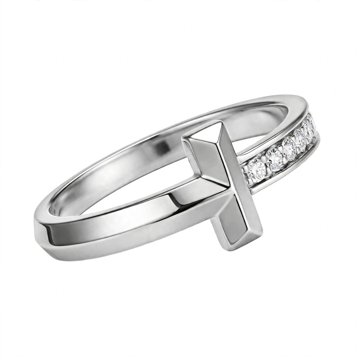 14K White Gold Geometric T-Bar Diamond Ring