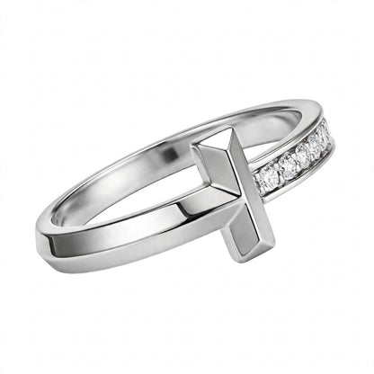 14K White Gold Geometric T-Bar Diamond Ring
