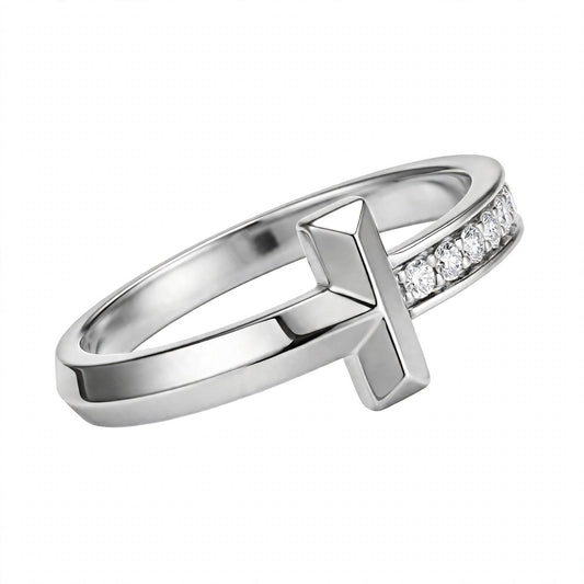 14K White Gold Geometric T-Bar Diamond Ring