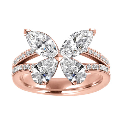 14K Yellow Gold Butterfly Diamond Statement Ring – Marquise & Pear Cut Cluster Accent.