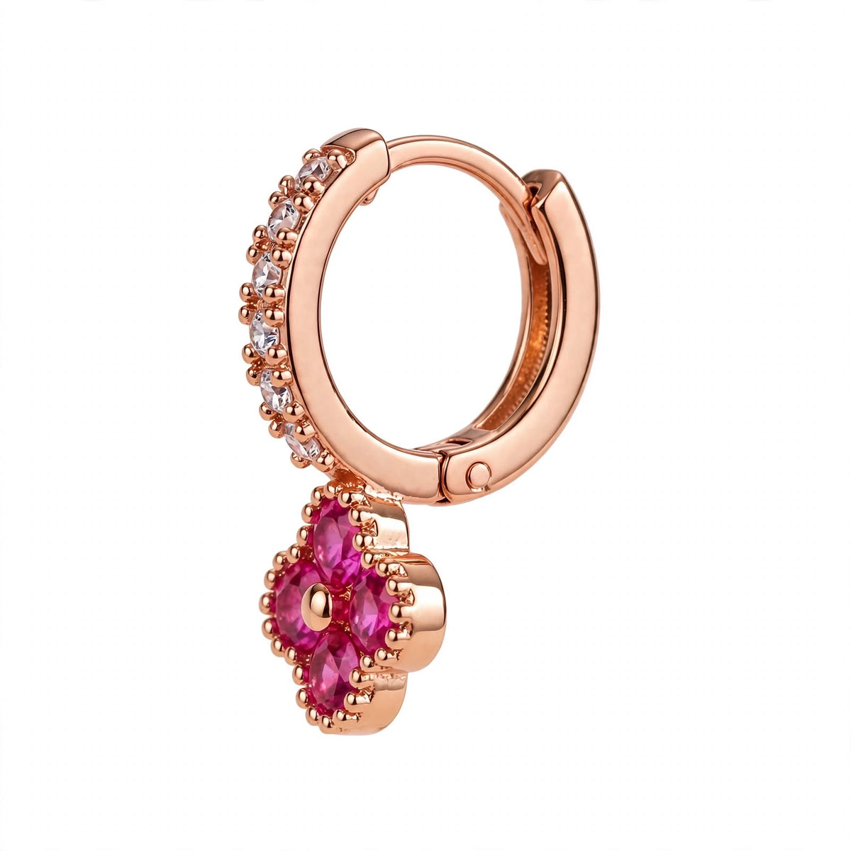 925 Sterling Silver Pink Ruby Clover Huggie Hoop Earrings