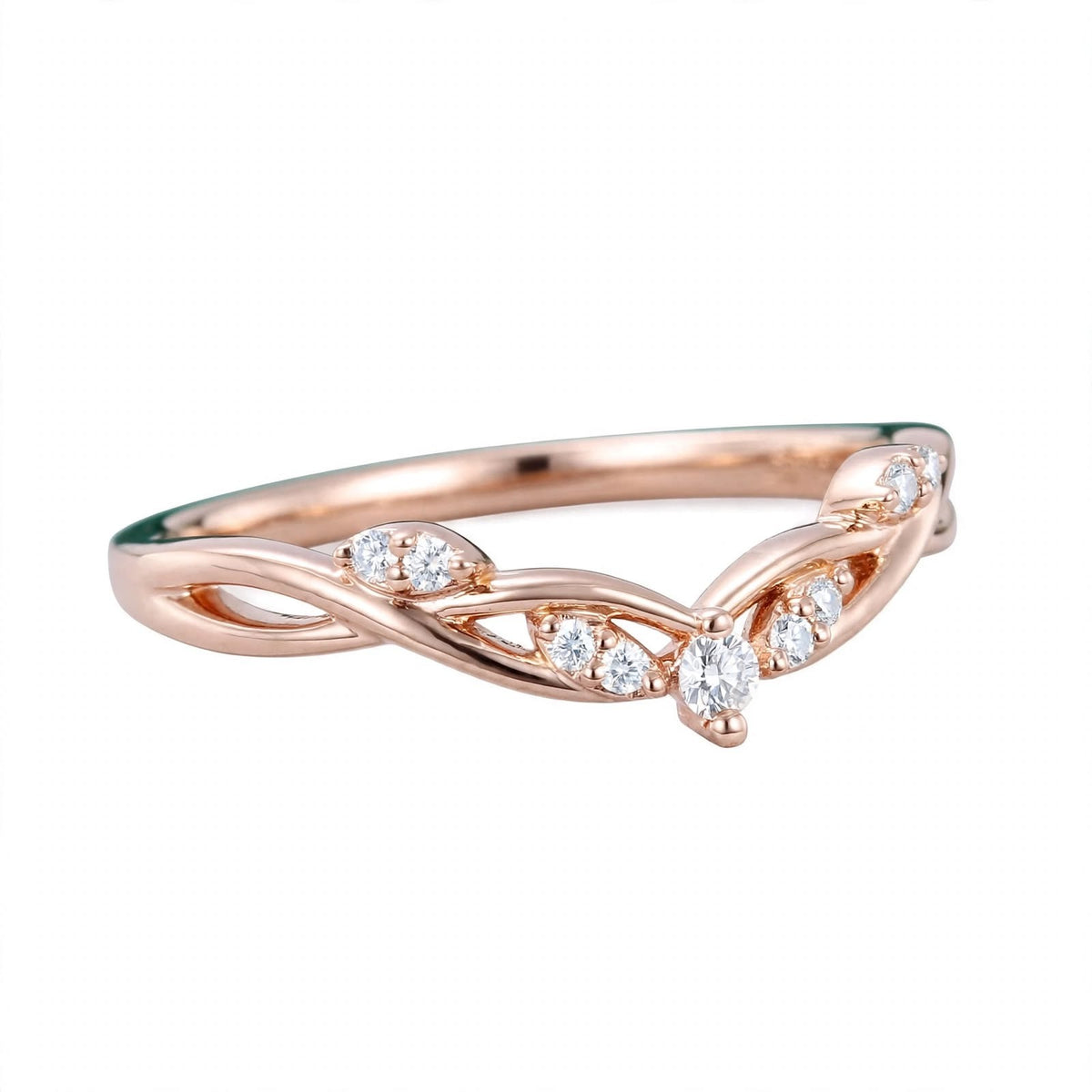 14K Yellow Gold Nature-Inspired Curved Diamond Wedding Band