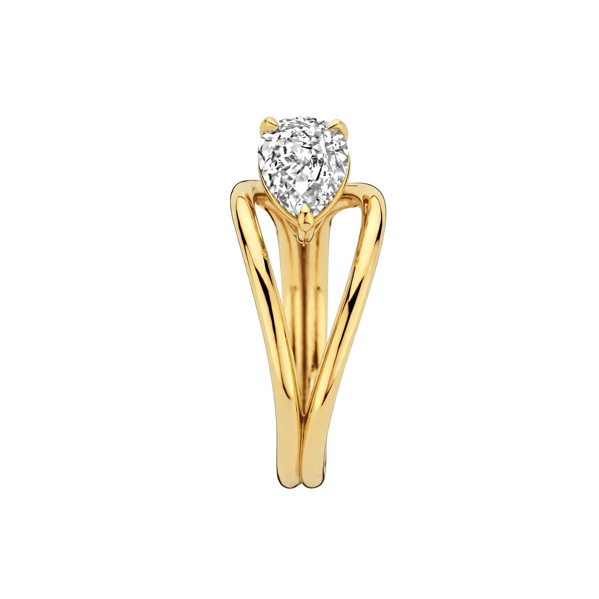 14K Yellow Gold Sculptural Pear-Shaped Diamond Wave Ring.