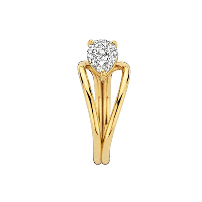 14K Yellow Gold Sculptural Pear-Shaped Diamond Wave Ring.