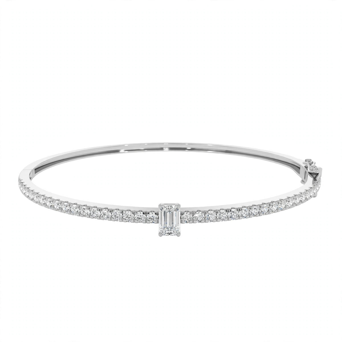 14K White Gold Emerald-Cut Diamond Solitaire Pavé Bangle Bracelet