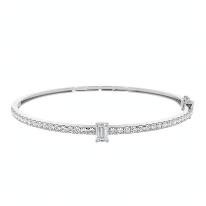 14K White Gold Emerald-Cut Diamond Solitaire Pavé Bangle Bracelet