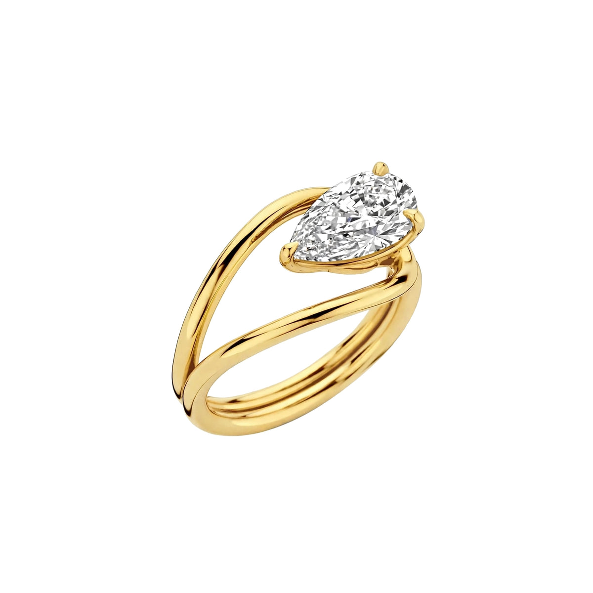 14K Yellow Gold Sculptural Pear-Shaped Diamond Wave Ring.