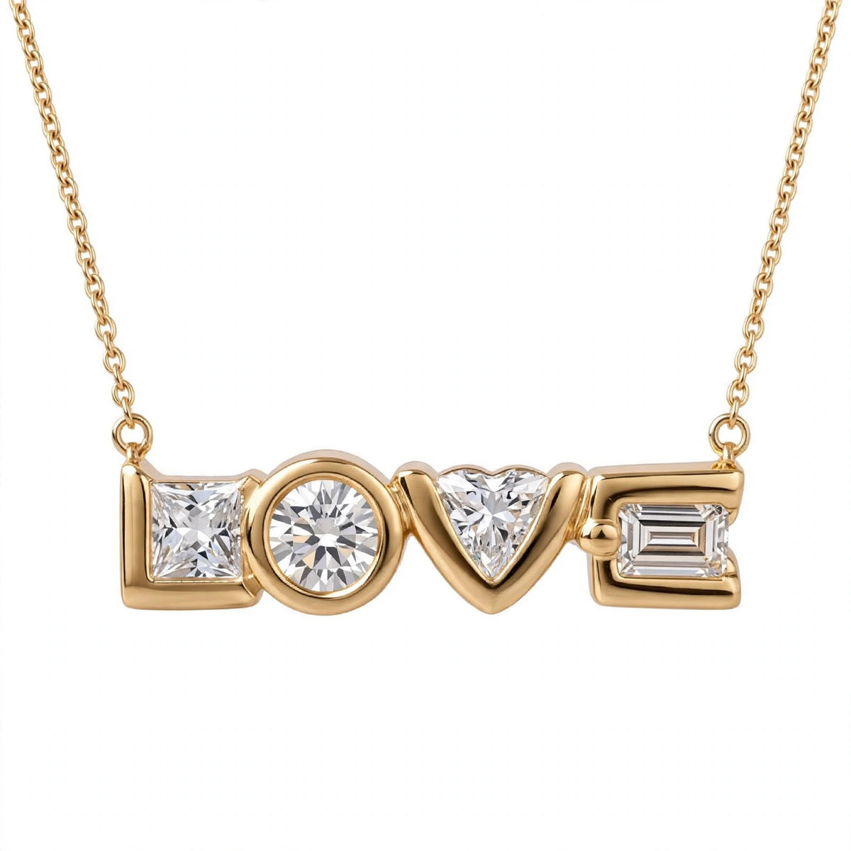 14K Yellow Gold Multi-Shape Diamond "LOVE" Pendant Necklace