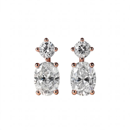 14K Rose Gold Two-Stone Oval and Round Diamond Drop Earrings