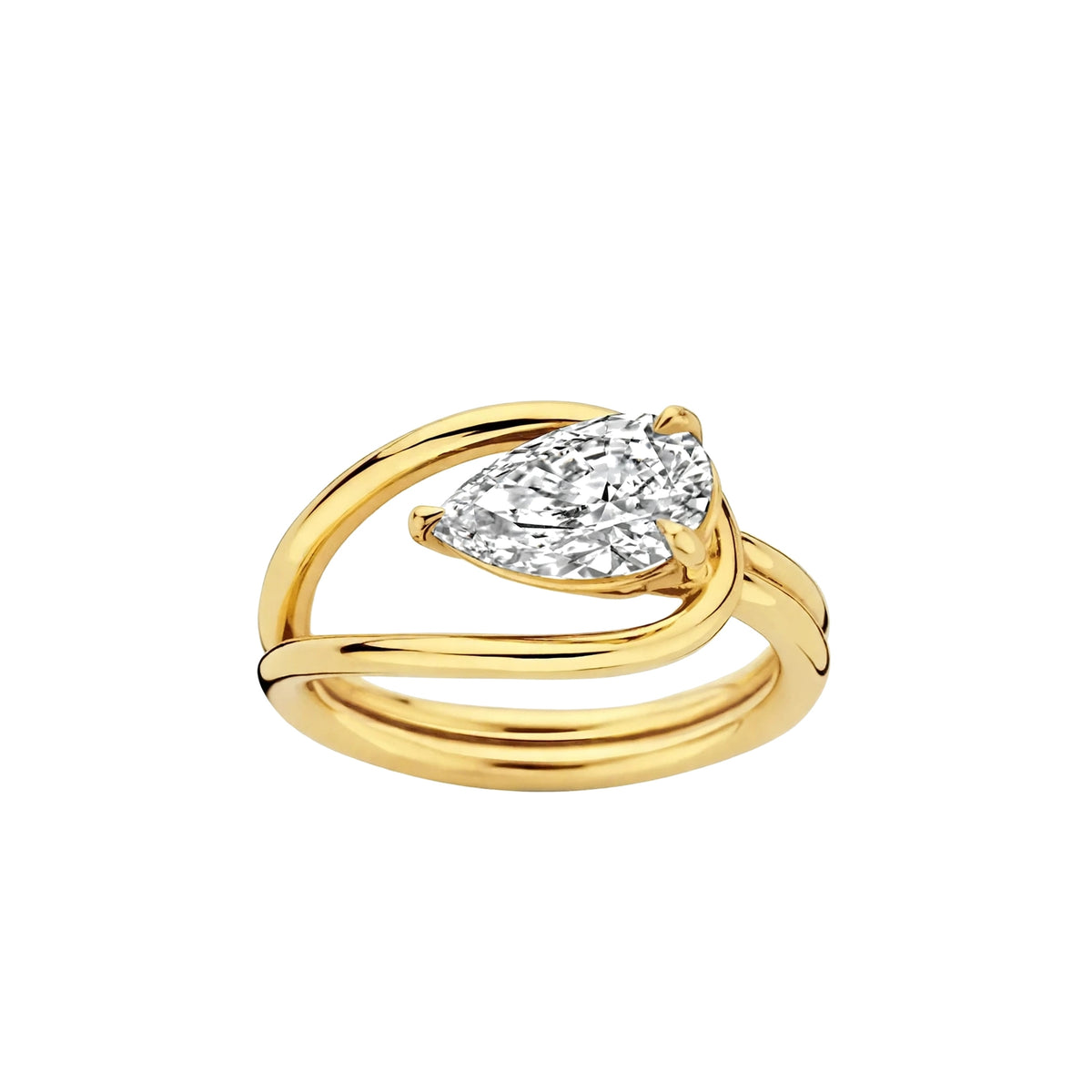 14K Yellow Gold Sculptural Pear-Shaped Diamond Wave Ring.