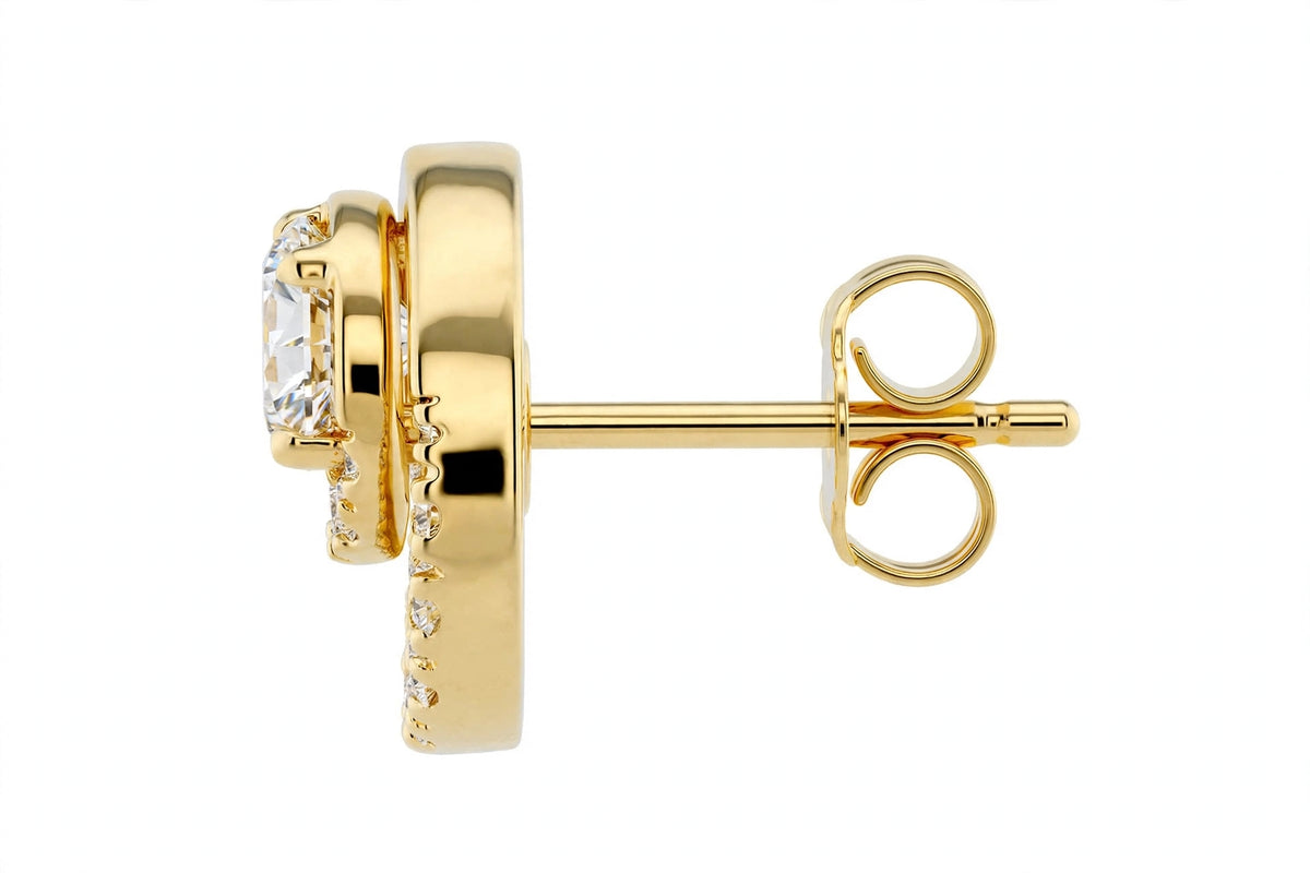 14K Yellow Gold Round Diamond Double Circle Stud Earrings