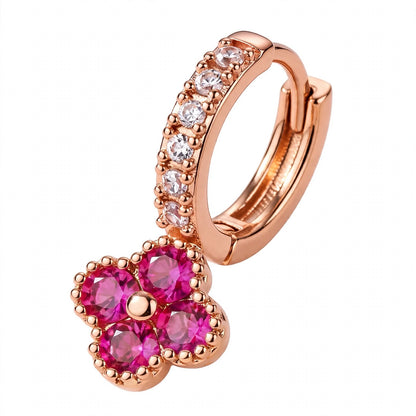 925 Sterling Silver Pink Ruby Clover Huggie Hoop Earrings