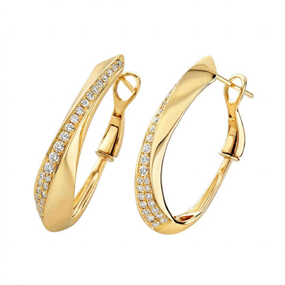 Yellow Gold Diamond Twist Hoop Earrings – Sculptural Wave J-Hoops