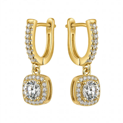 14K Yellow Gold Cushion Halo Dangle Drop Earrings
