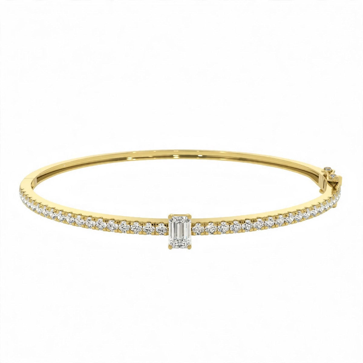 14K White Gold Emerald-Cut Diamond Solitaire Pavé Bangle Bracelet