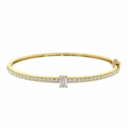 14K White Gold Emerald-Cut Diamond Solitaire Pavé Bangle Bracelet