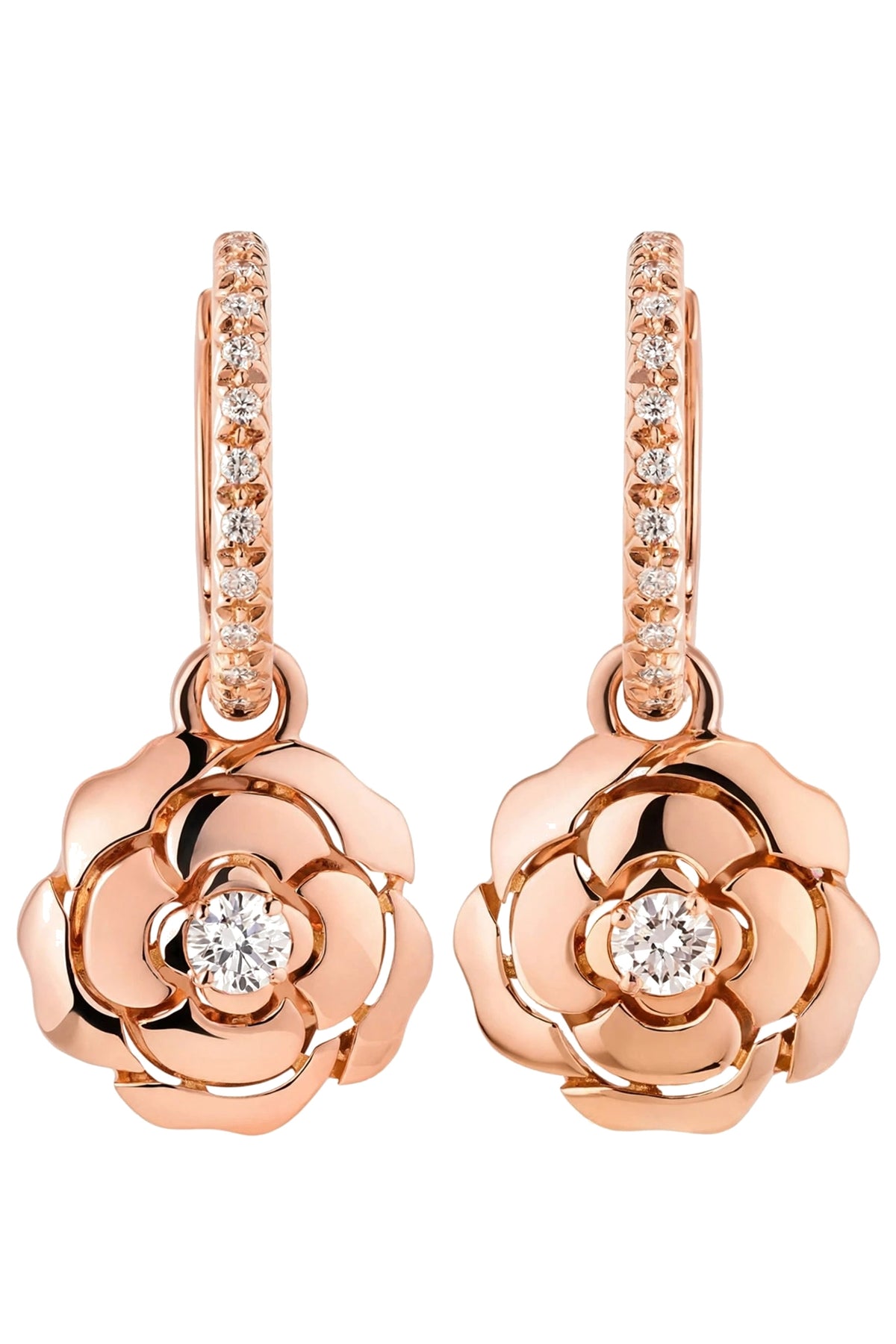 18K Rose Gold Camellia Flower Drop Earrings with Brilliant Diamonds.