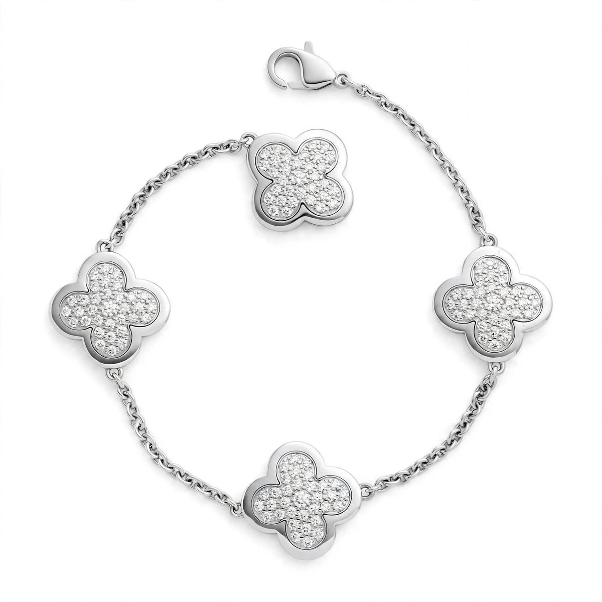 18K Yellow Gold Pavé Diamond Clover Charm Link Bracelet