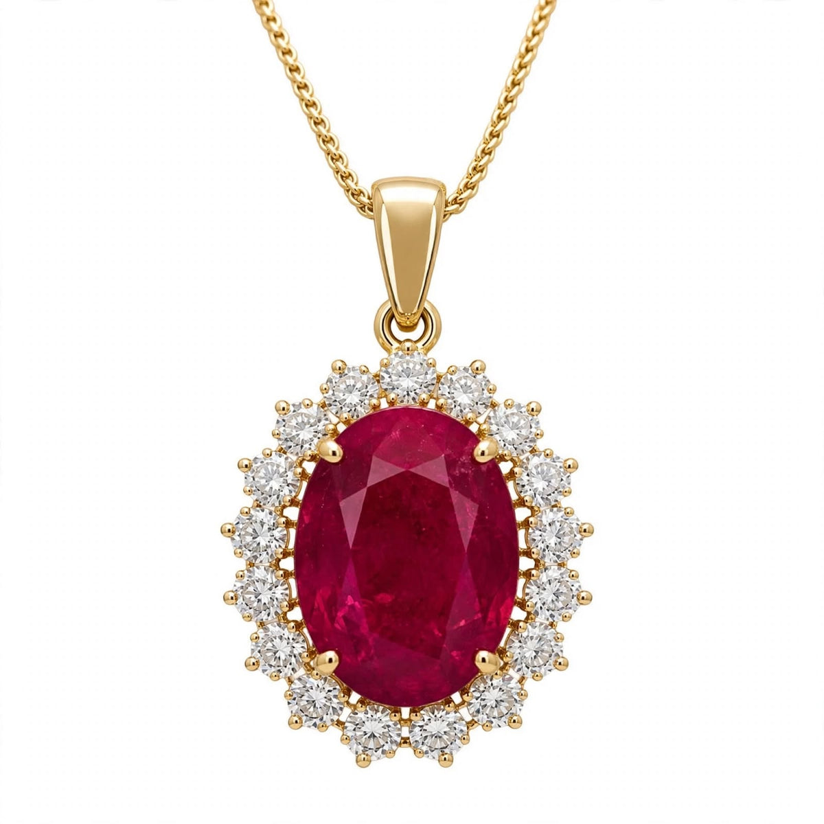 14K Yellow Gold Oval Ruby and Diamond Halo Pendant Necklace