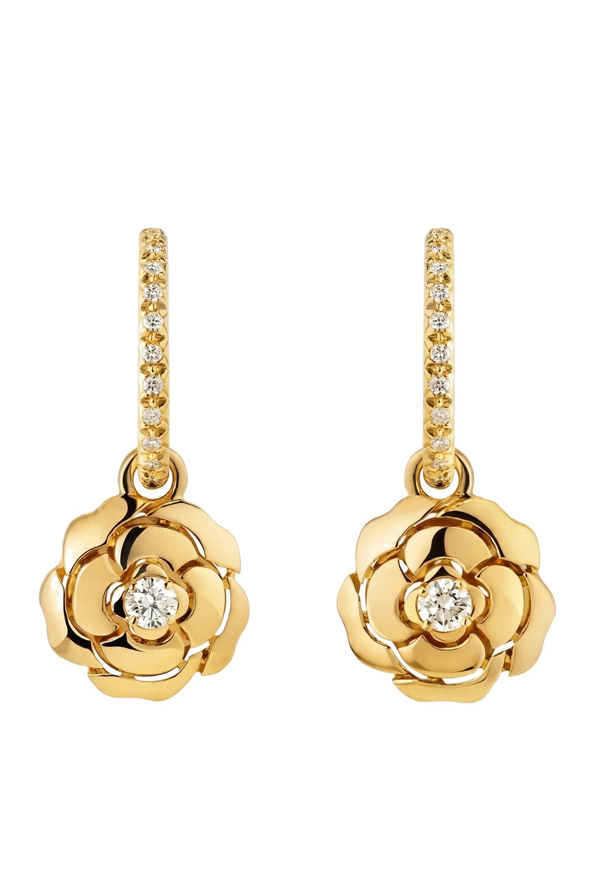 18K Rose Gold Camellia Flower Drop Earrings with Brilliant Diamonds.