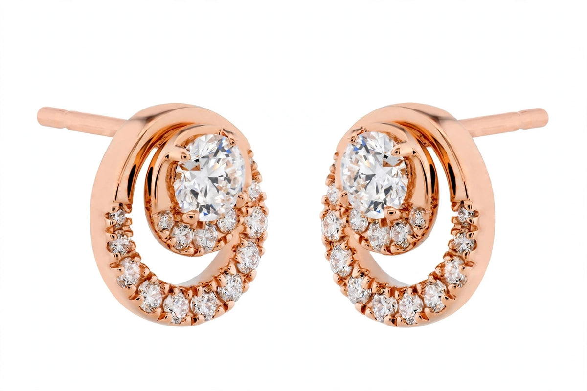 14K Yellow Gold Round Diamond Double Circle Stud Earrings