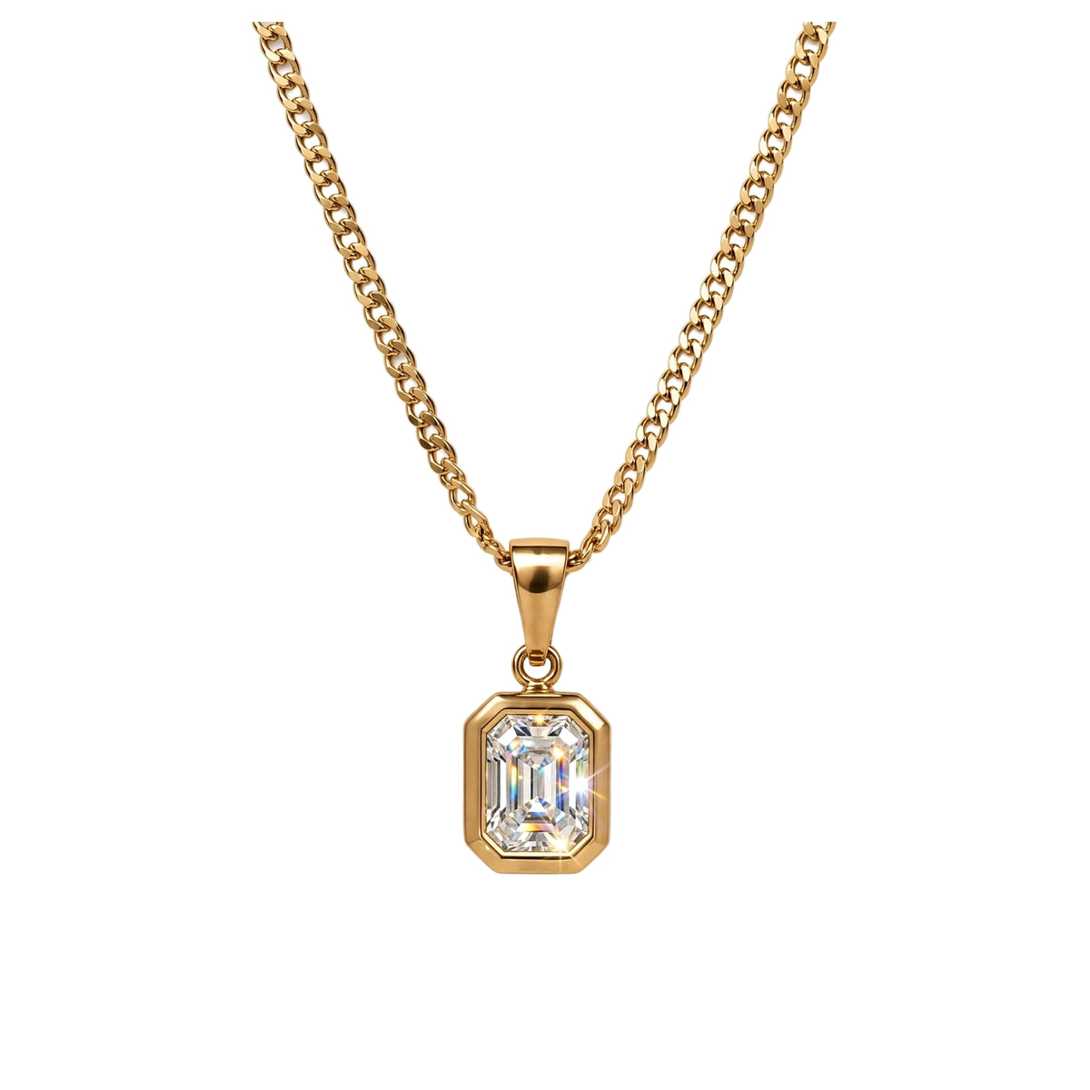18K Yellow Gold Bezel-Set Emerald Cut Diamond Pendant Necklace
