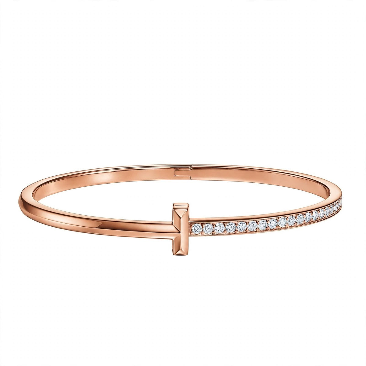 18K Yellow Gold Pavé Diamond T-Bar Hinged Bangle Bracelet