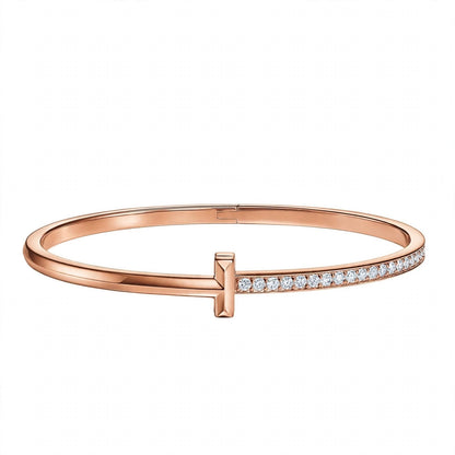 18K Yellow Gold Pavé Diamond T-Bar Hinged Bangle Bracelet