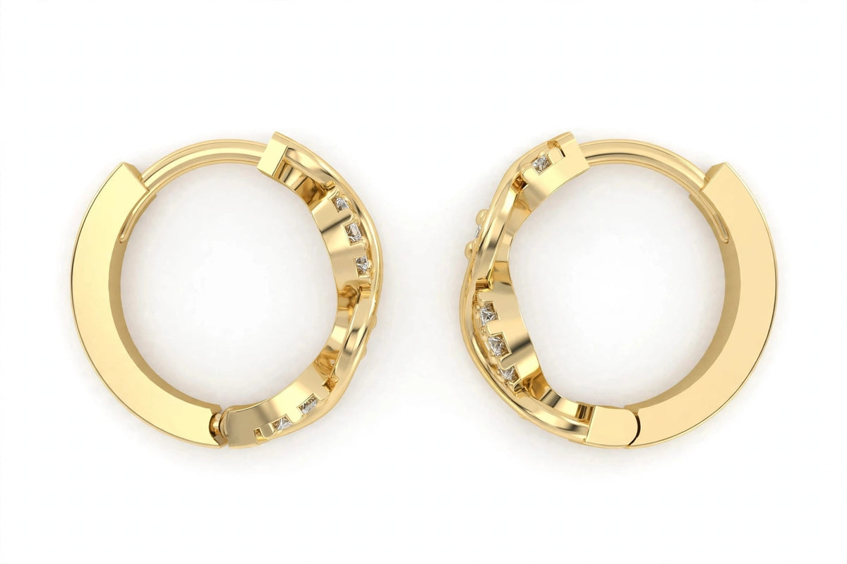 Yellow Gold Infinity Twist Diamond Huggie Hoop Earrings