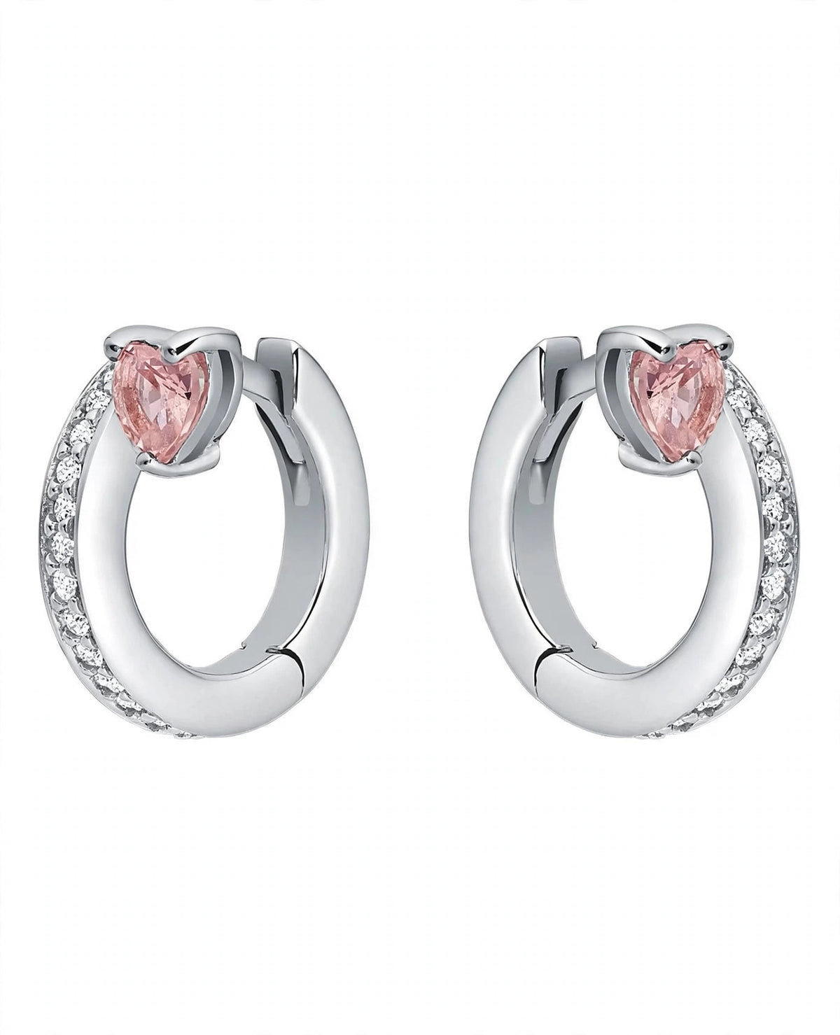Custom 14K White Gold Silver Heart-Cut Pink Crystal Hoop Earrings