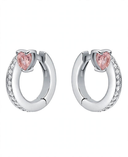 Custom 14K White Gold Silver Heart-Cut Pink Crystal Hoop Earrings