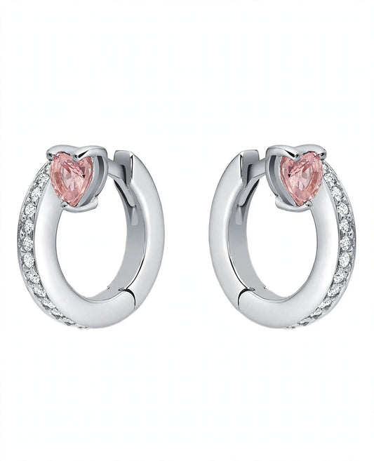 Custom 14K White Gold Silver Heart-Cut Pink Crystal Hoop Earrings